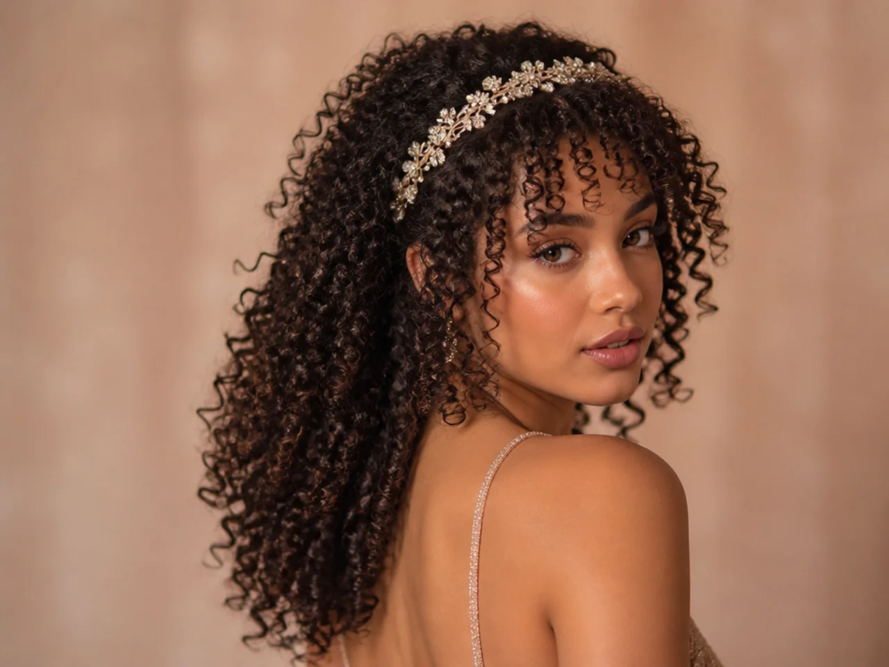 Tight curls worn with a jewelled headband