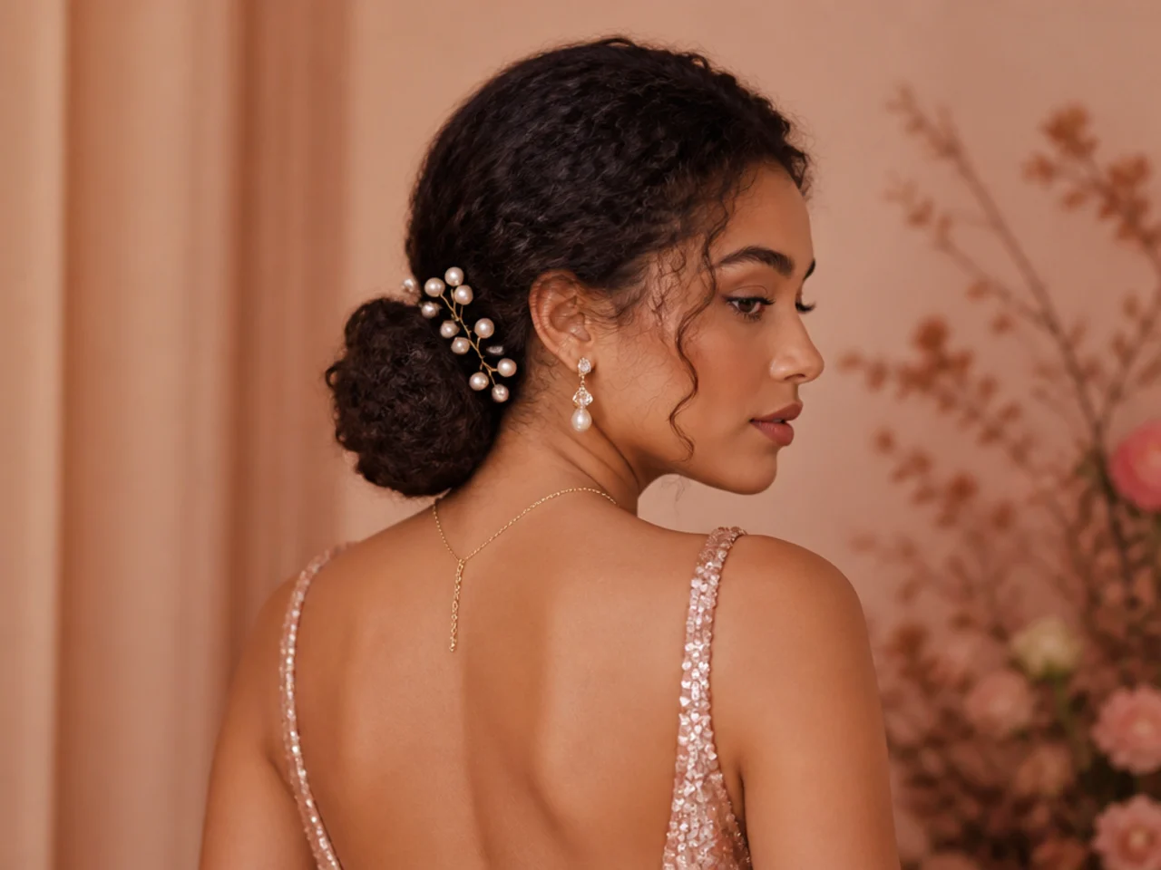 Coily low bun decorated with pearl pins