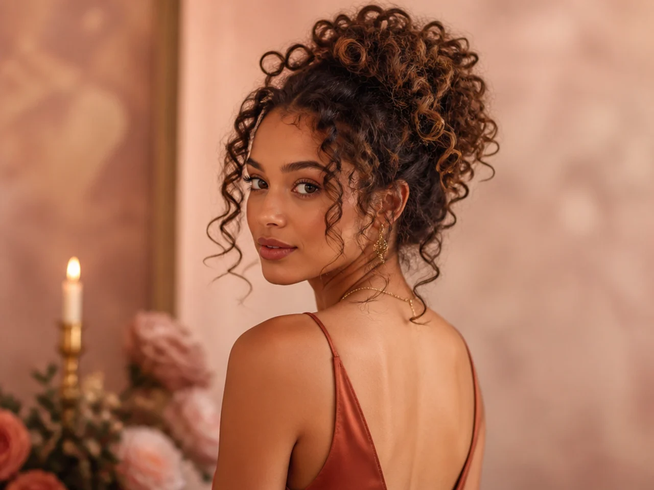 Curly updo pinned as the curl falls