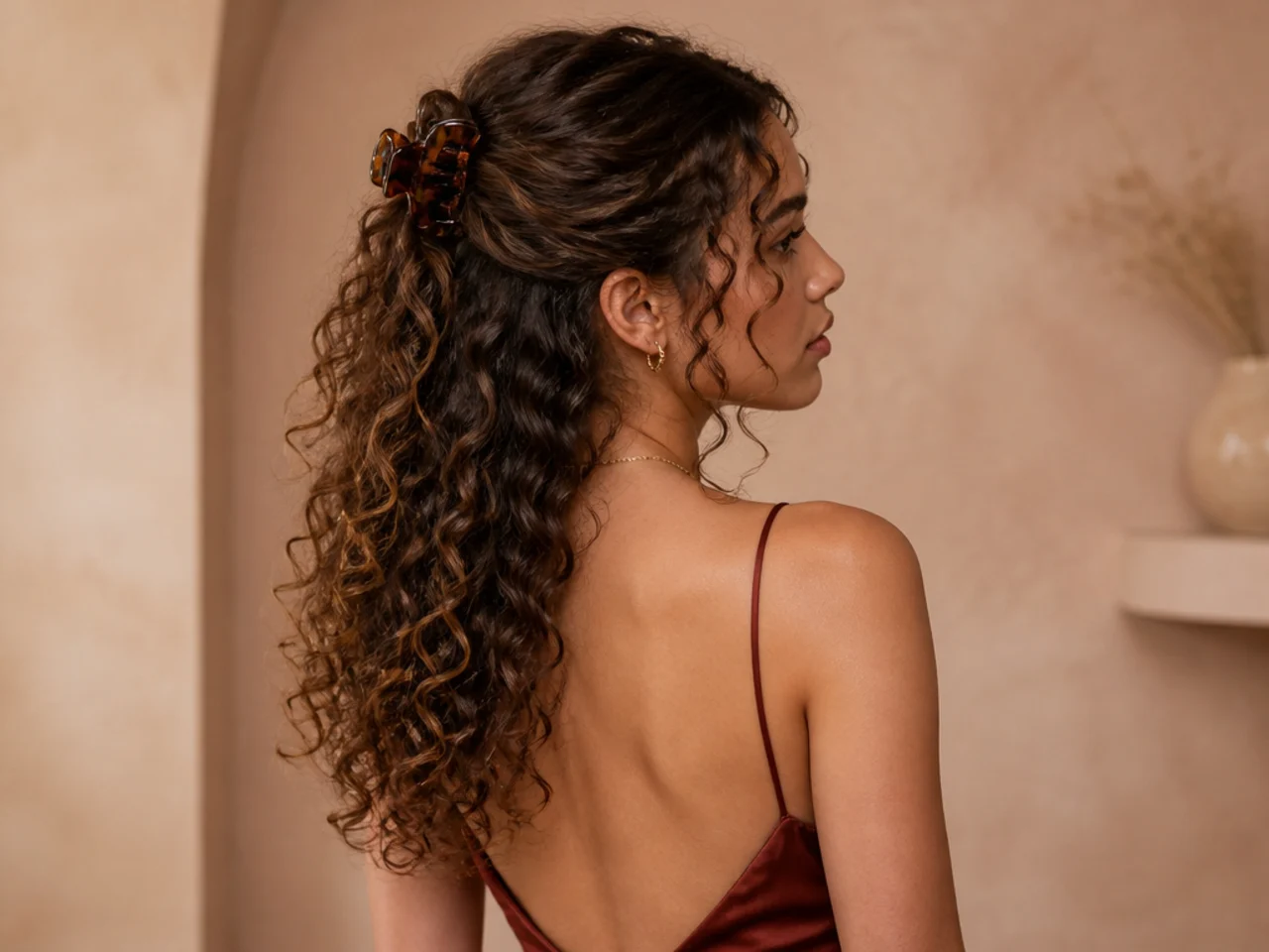 Curly half-up held with a claw clip
