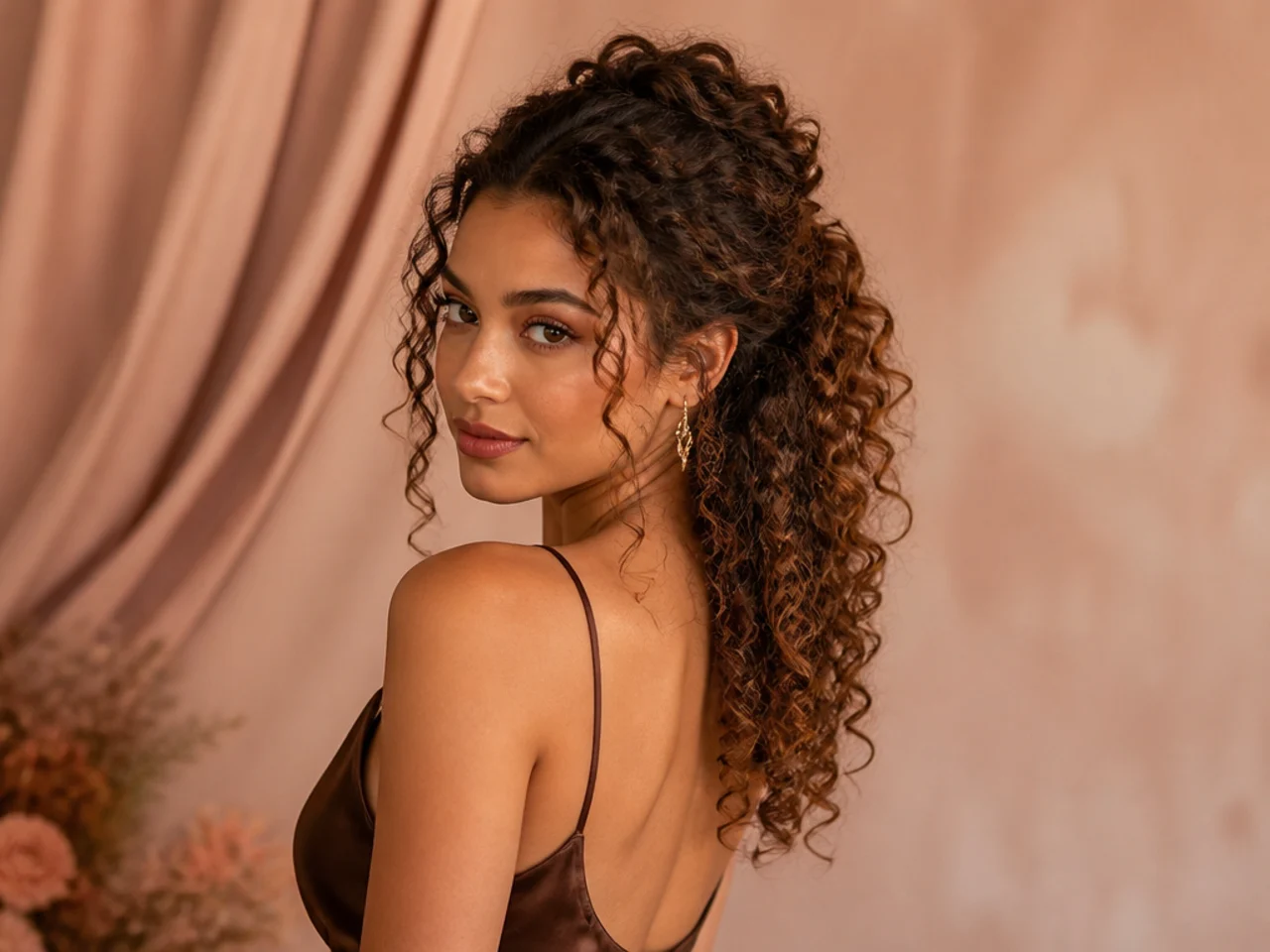 Three-quarter view of a finished curly homecoming style