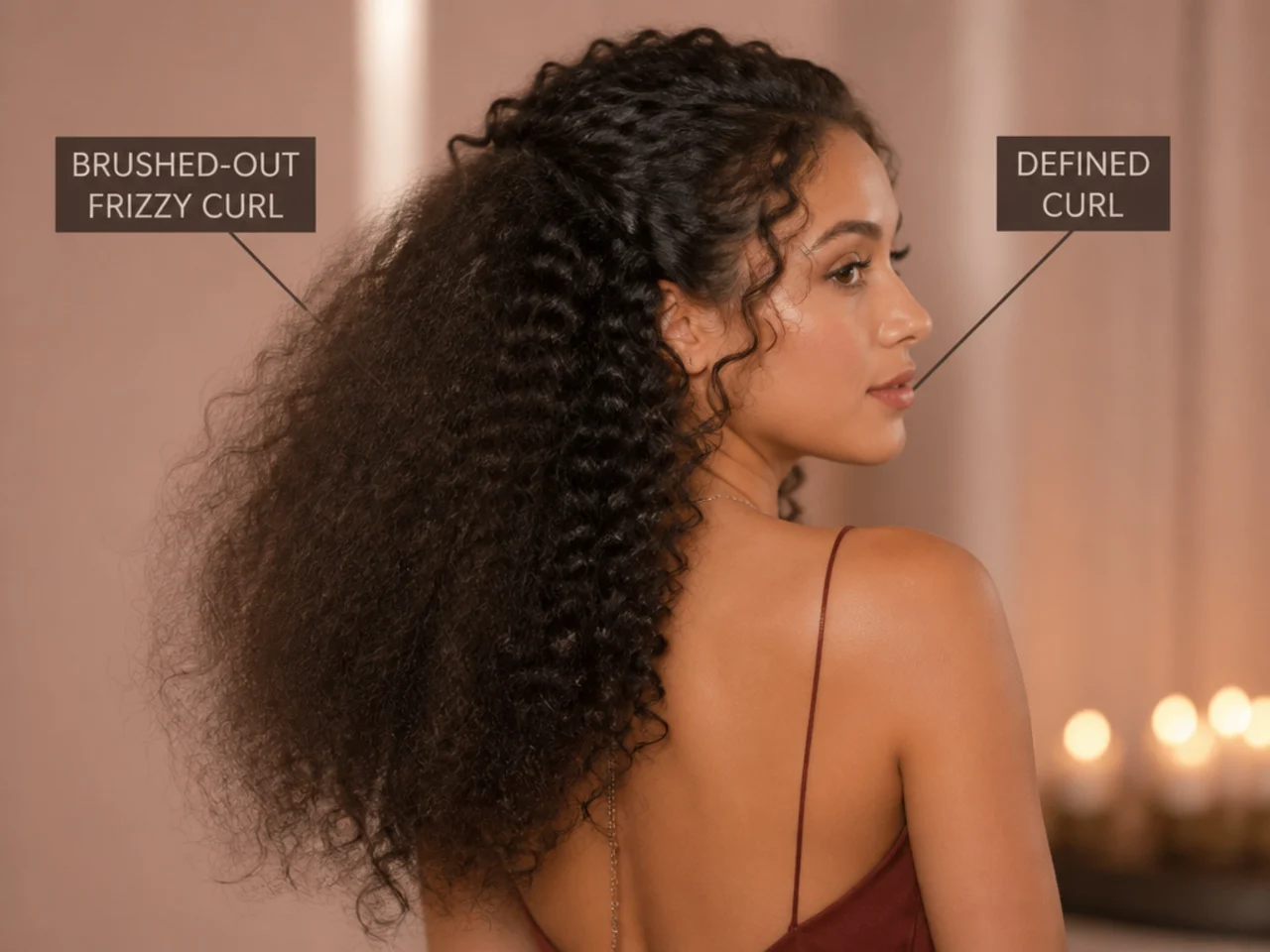 Brushed-out frizzy curl beside defined curl