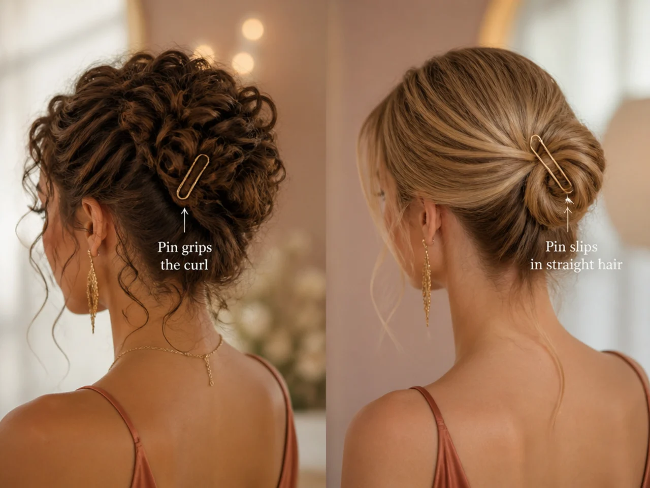 A pin gripping curl compared with one in straight hair