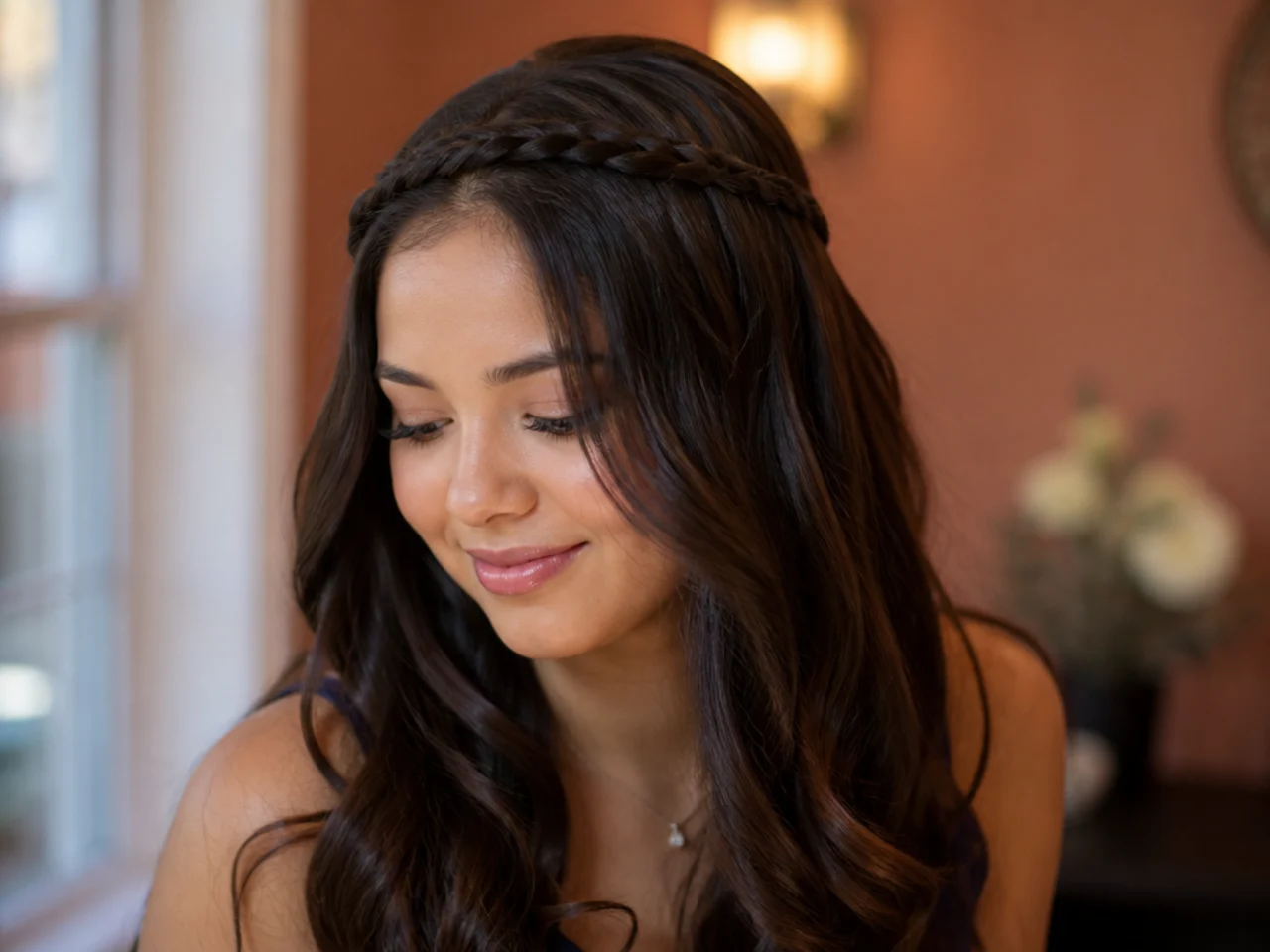 A thin braid crossing the crown like a headband above long loose hair