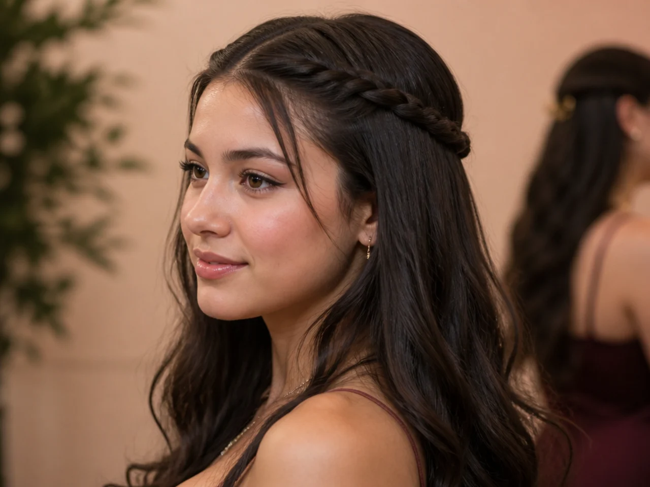Two rope twists running from the temples into long loose hair at the back