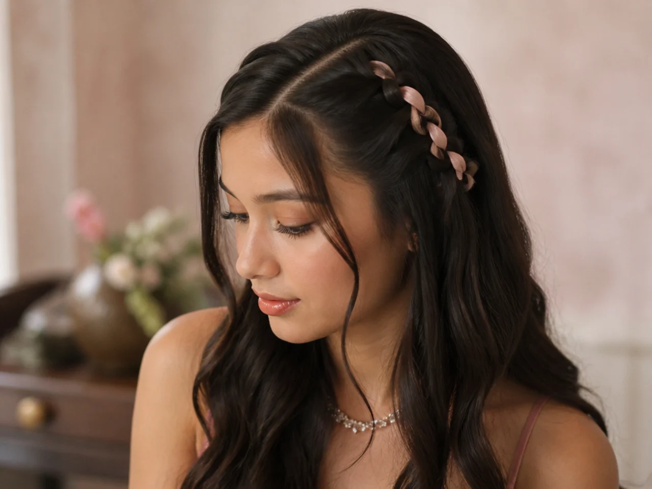 A satin ribbon woven through a slim braid running along a side parting