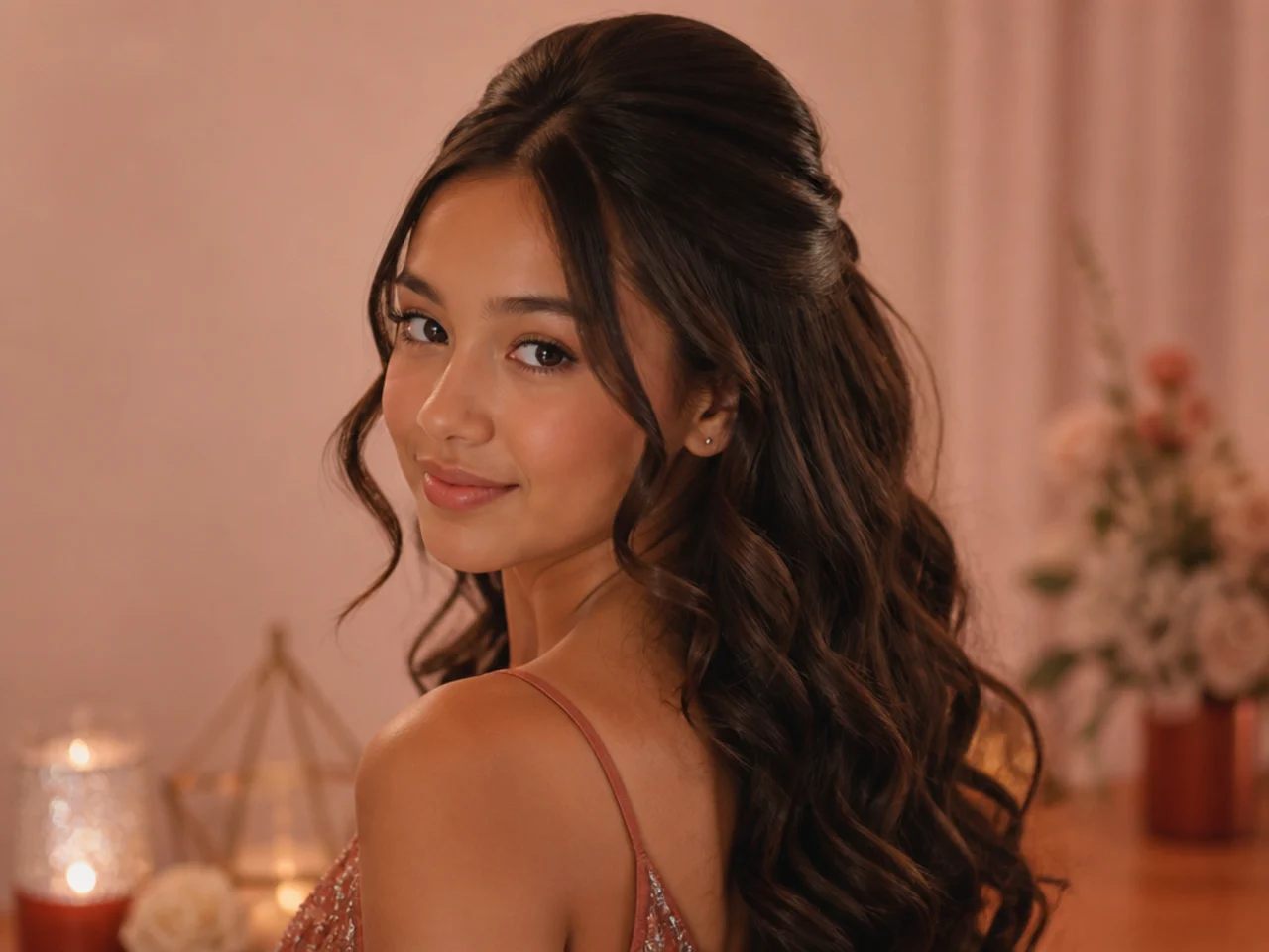 Long curls with a visibly lifted crown and smooth surface over the top