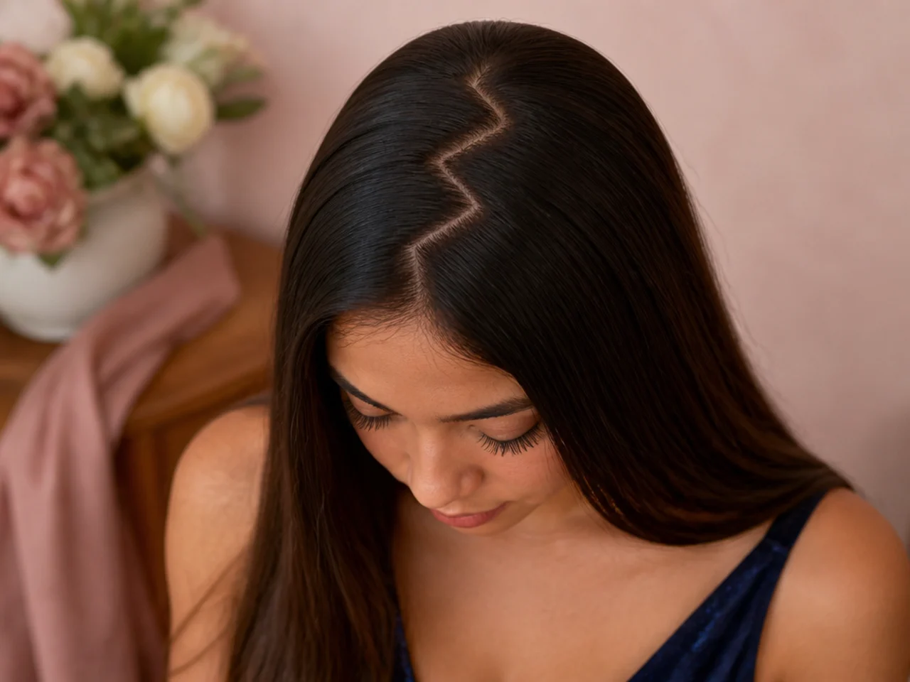 A zigzag parting cut into straight long hair viewed from above the crown
