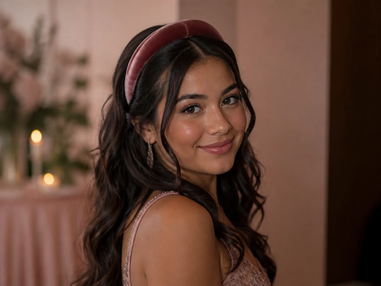 A padded velvet headband sitting behind the hairline above long soft curls