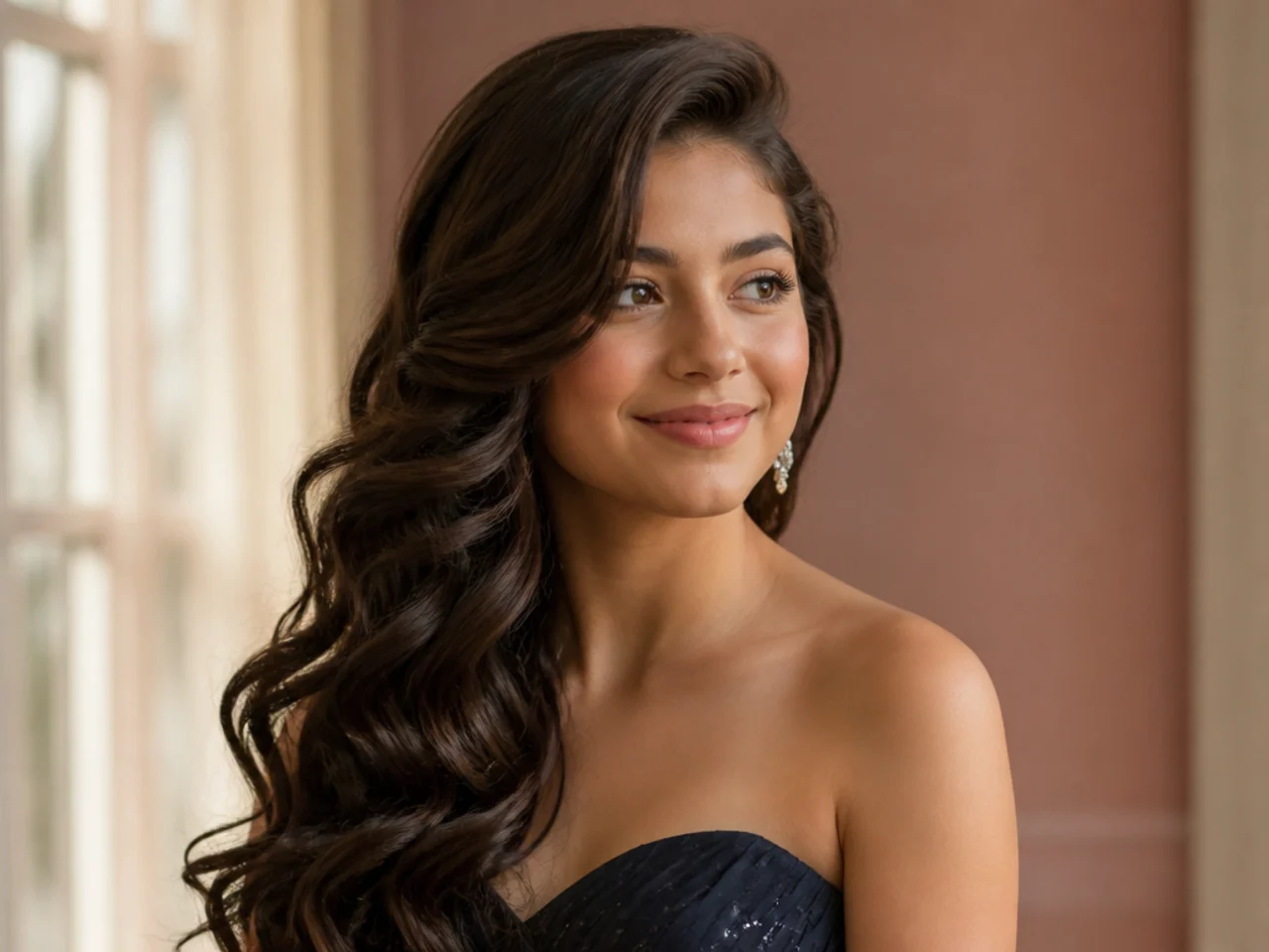 Long loose curls swept across a deep side parting with visible lift at the front