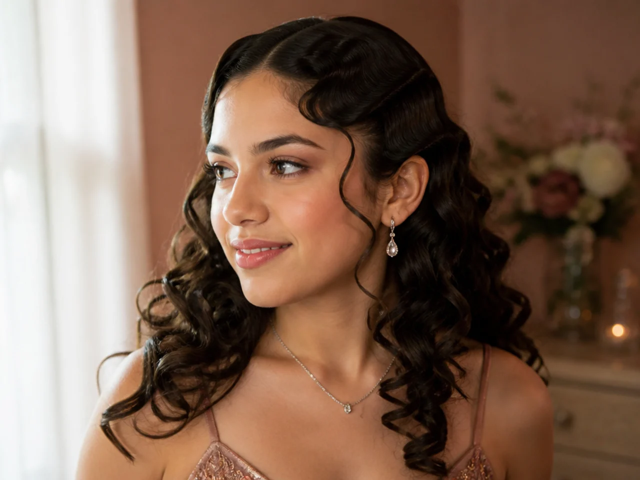 Sculpted finger waves at the front hairline flowing into loose curls below