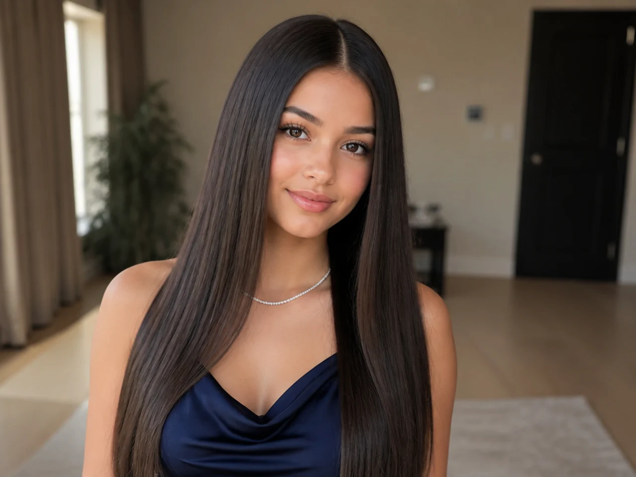 Poker straight long hair split by a centre parting with a high shine finish