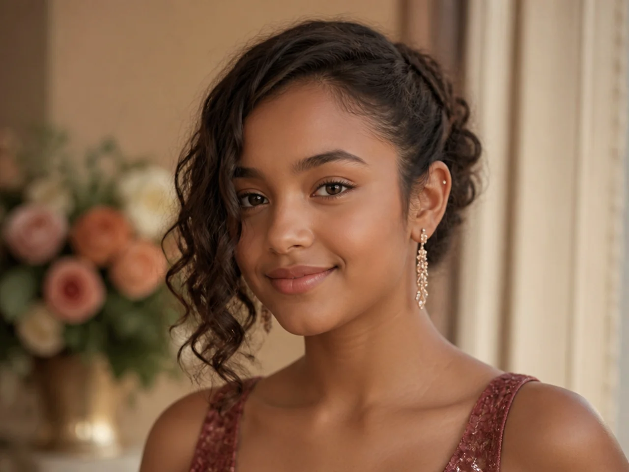 Front curls tucked behind one ear with the other side left loose over the cheek