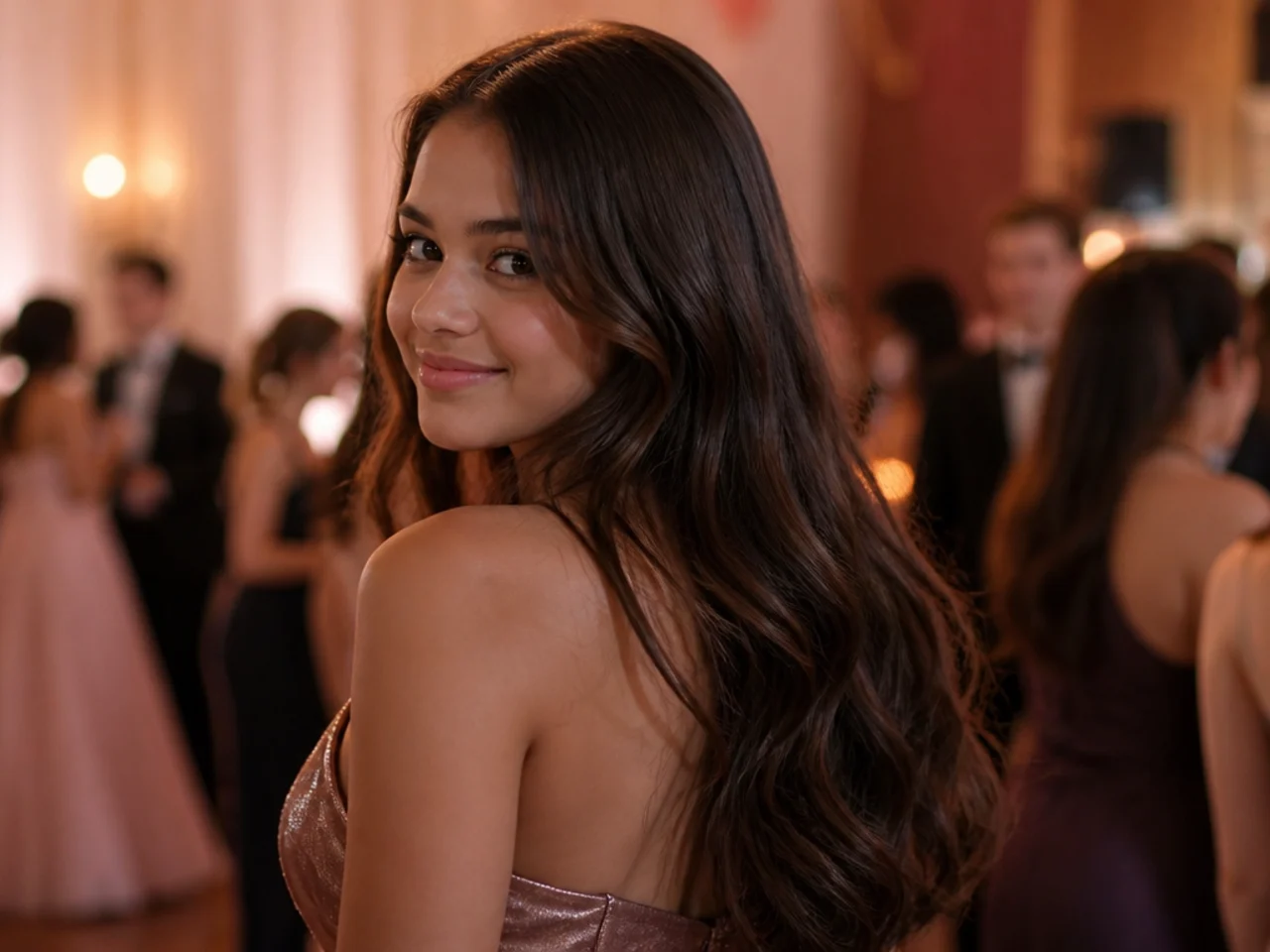 Three quarter view of long hair worn down in polished waves under warm event lighting
