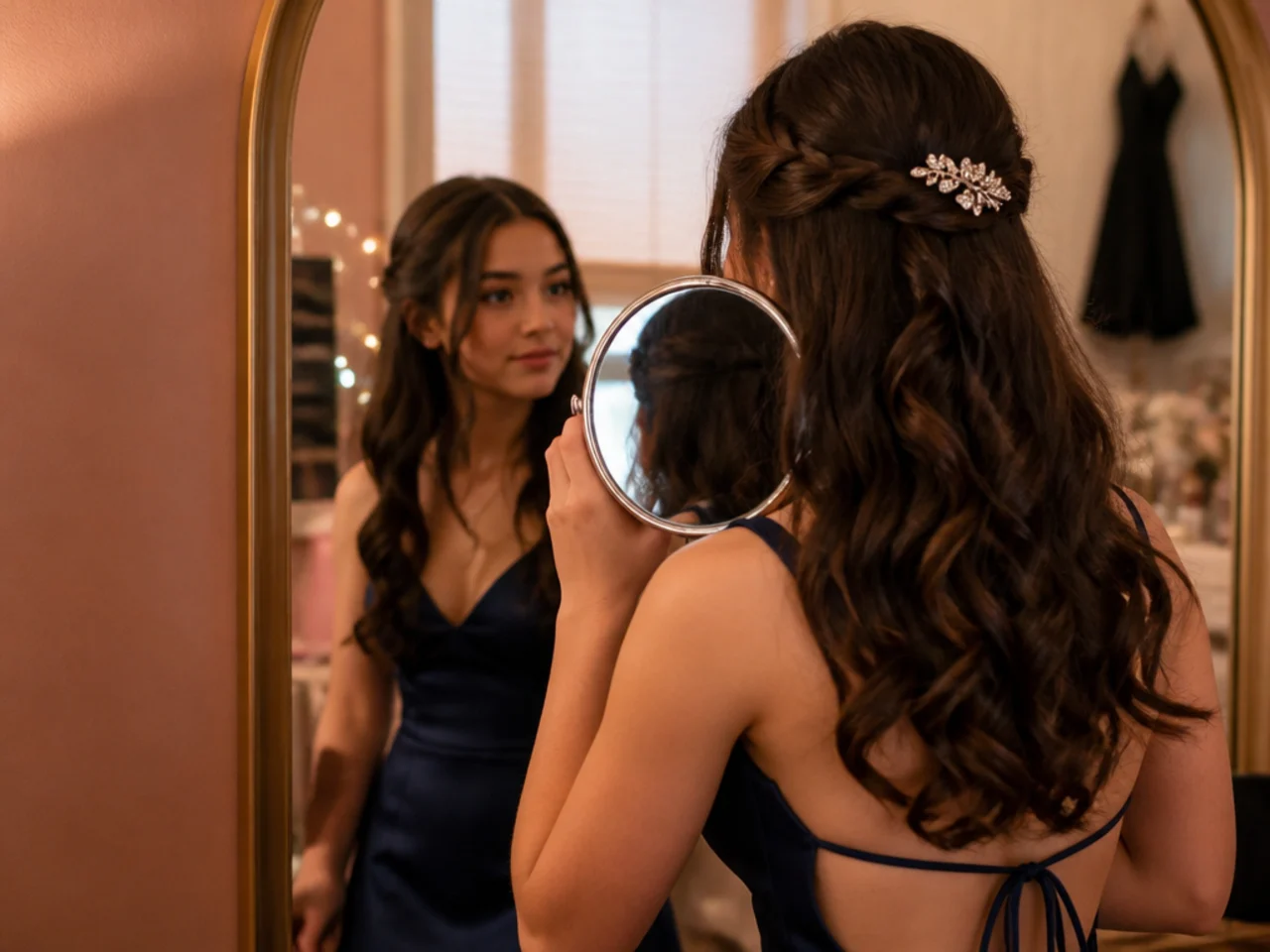 A girl checking the back of her long curled hair using a hand mirror against a wall mirror