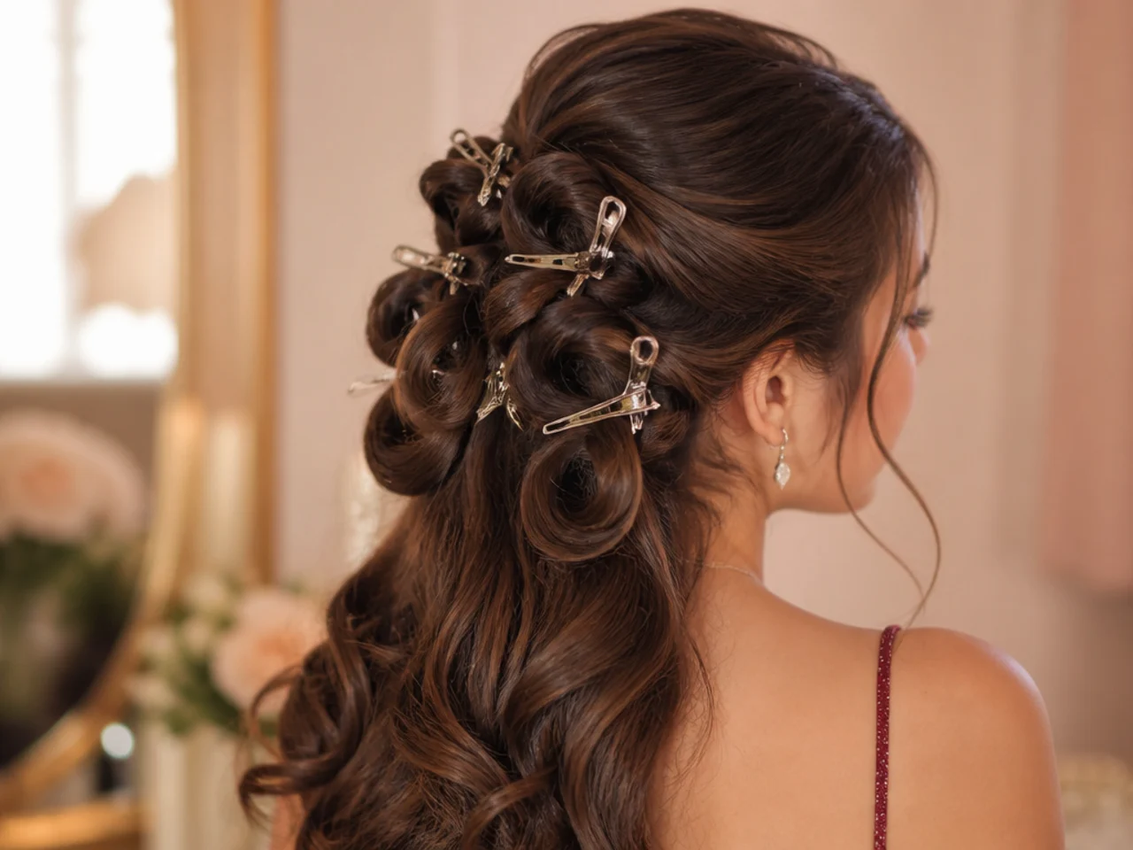 Long curled hair sectioned and pinned with metal clips across the back of the head