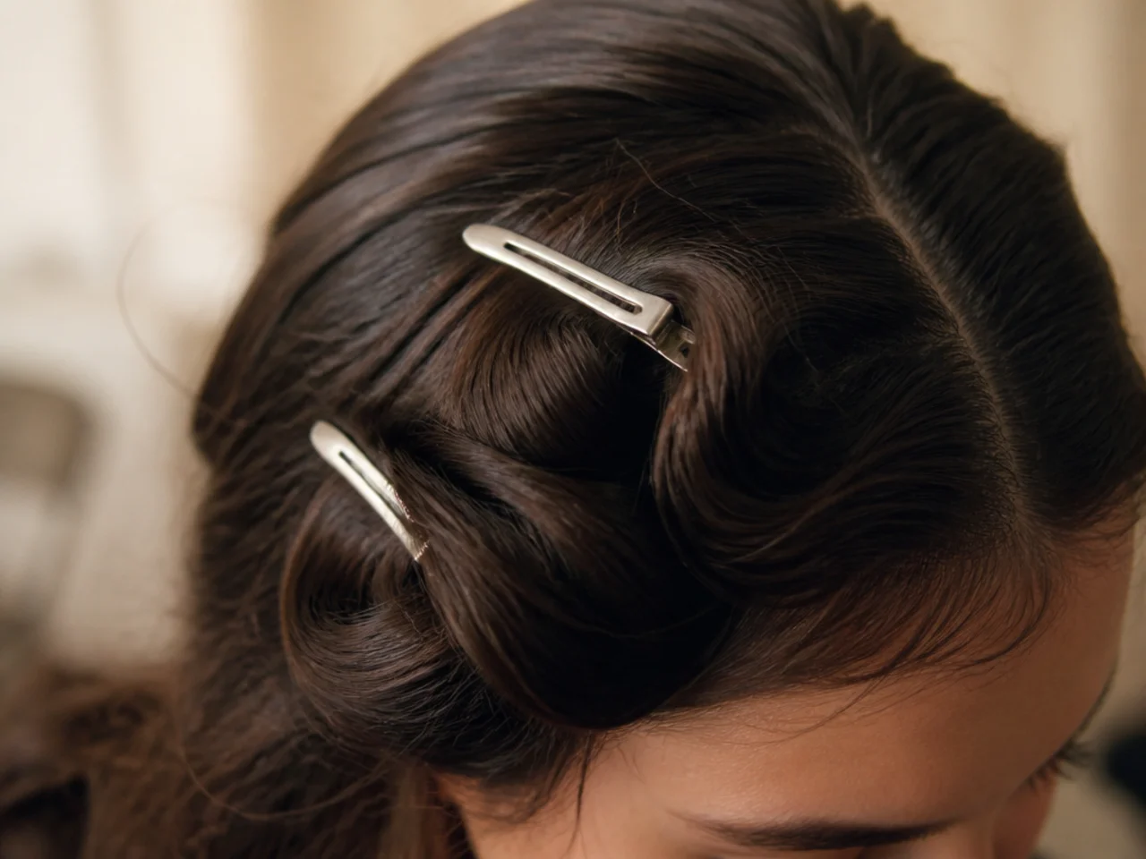 A hot curl pinned flat against the head with a metal clip while it cools, close up on the crown