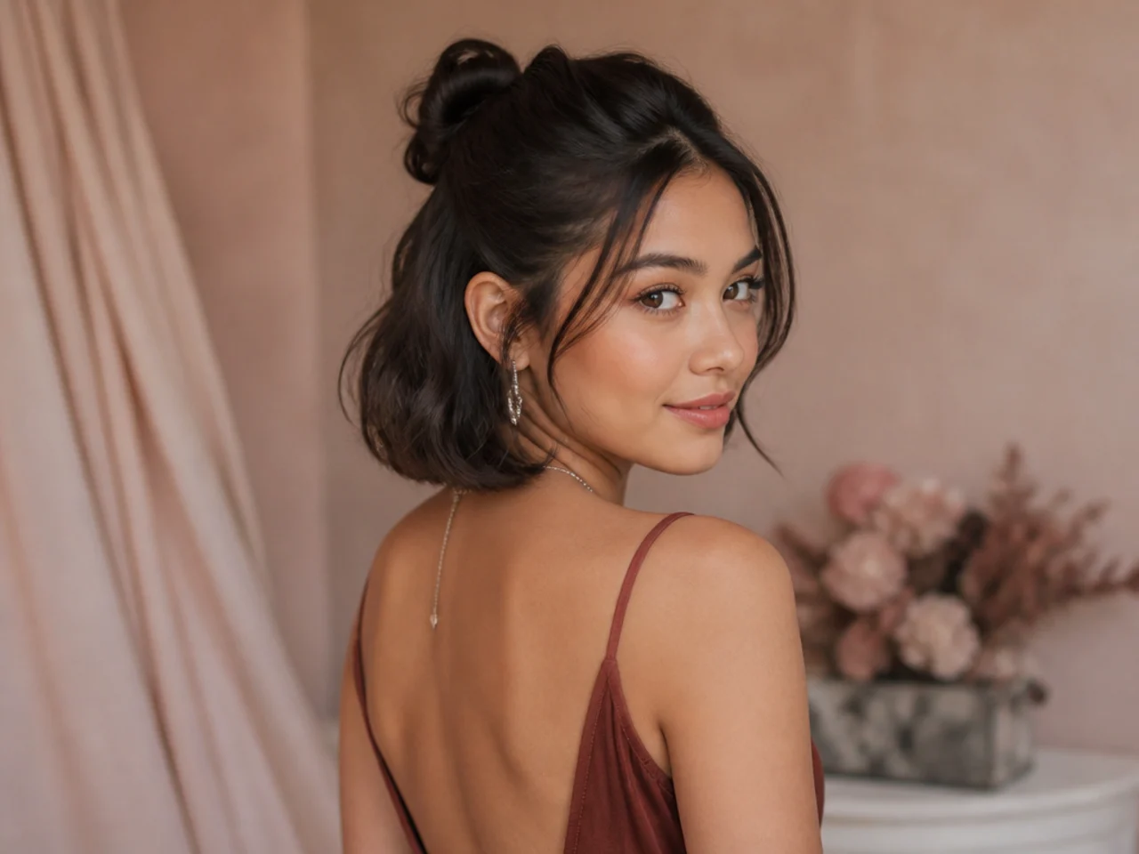 Chin-length bob worn half up