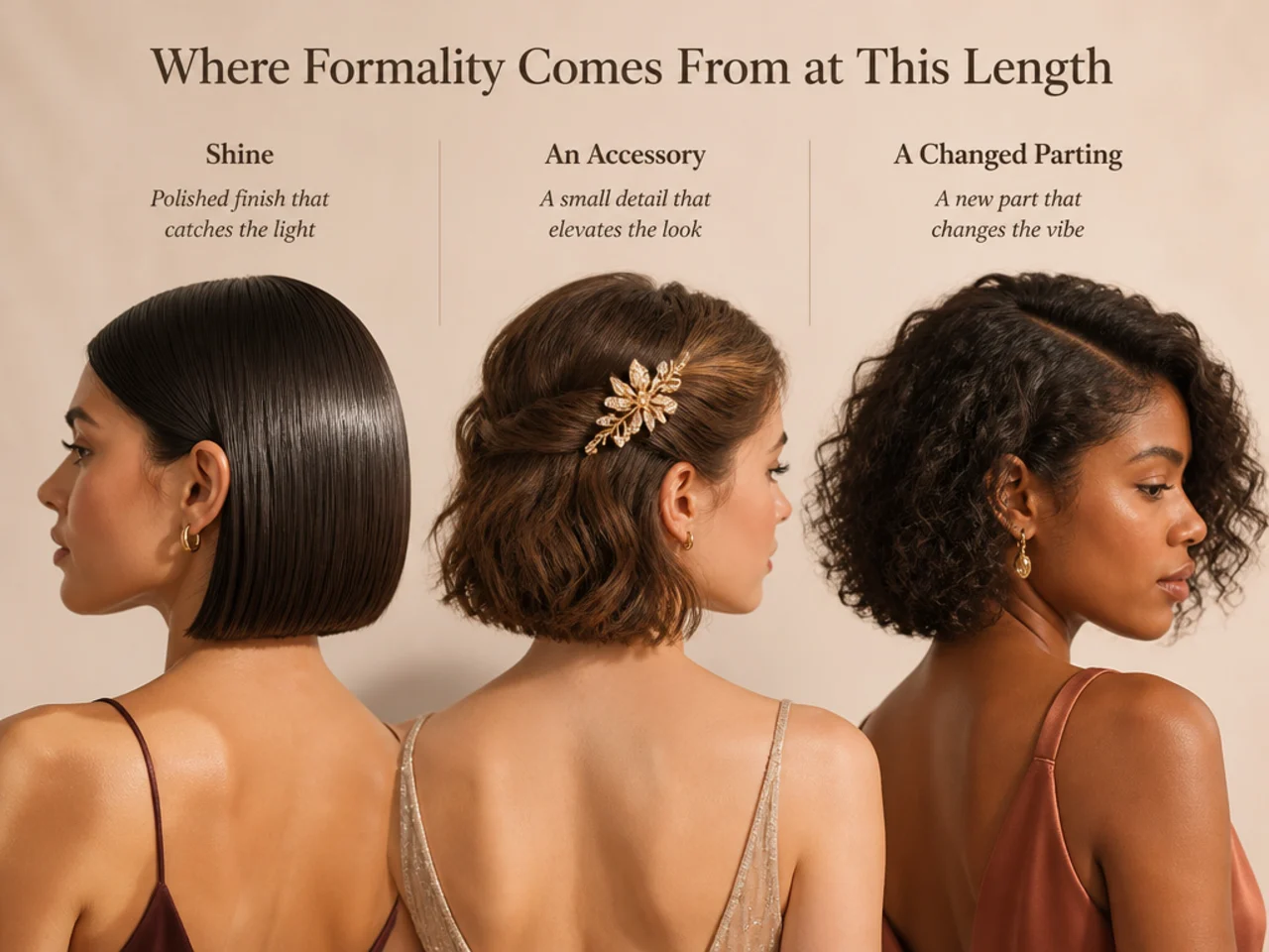 Shine, an accessory and a changed parting shown as three approaches