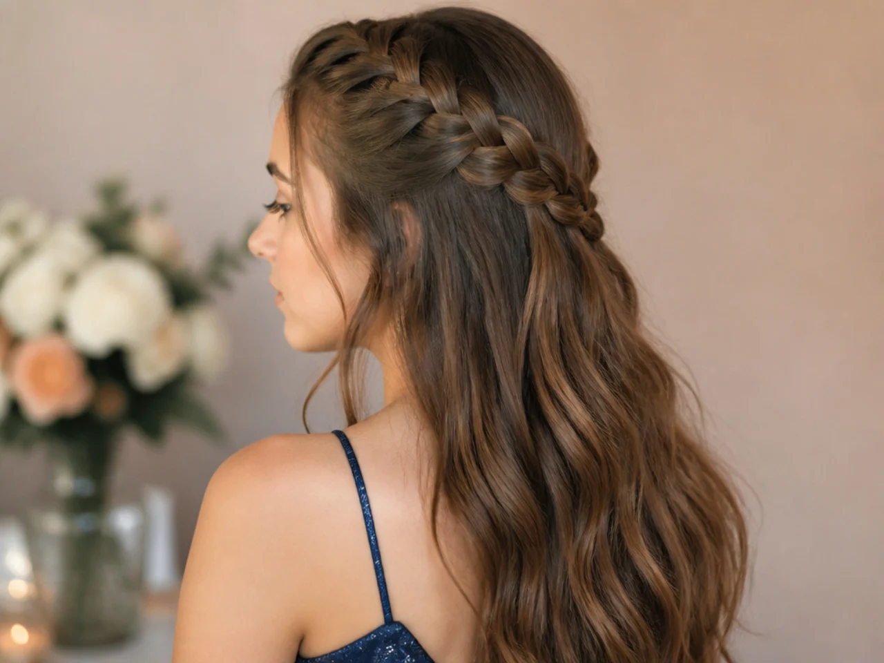 A flat braid running from the crown to the back with loose hair beneath