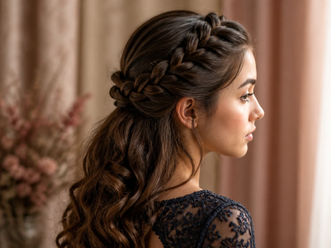 A raised braid standing proud of the surface running back to a half up gather