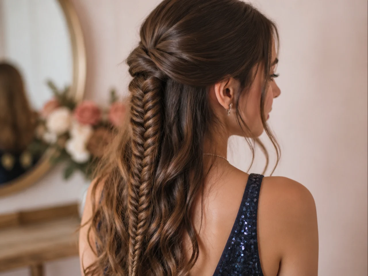 A detailed fishtail braid running down from a half up gather