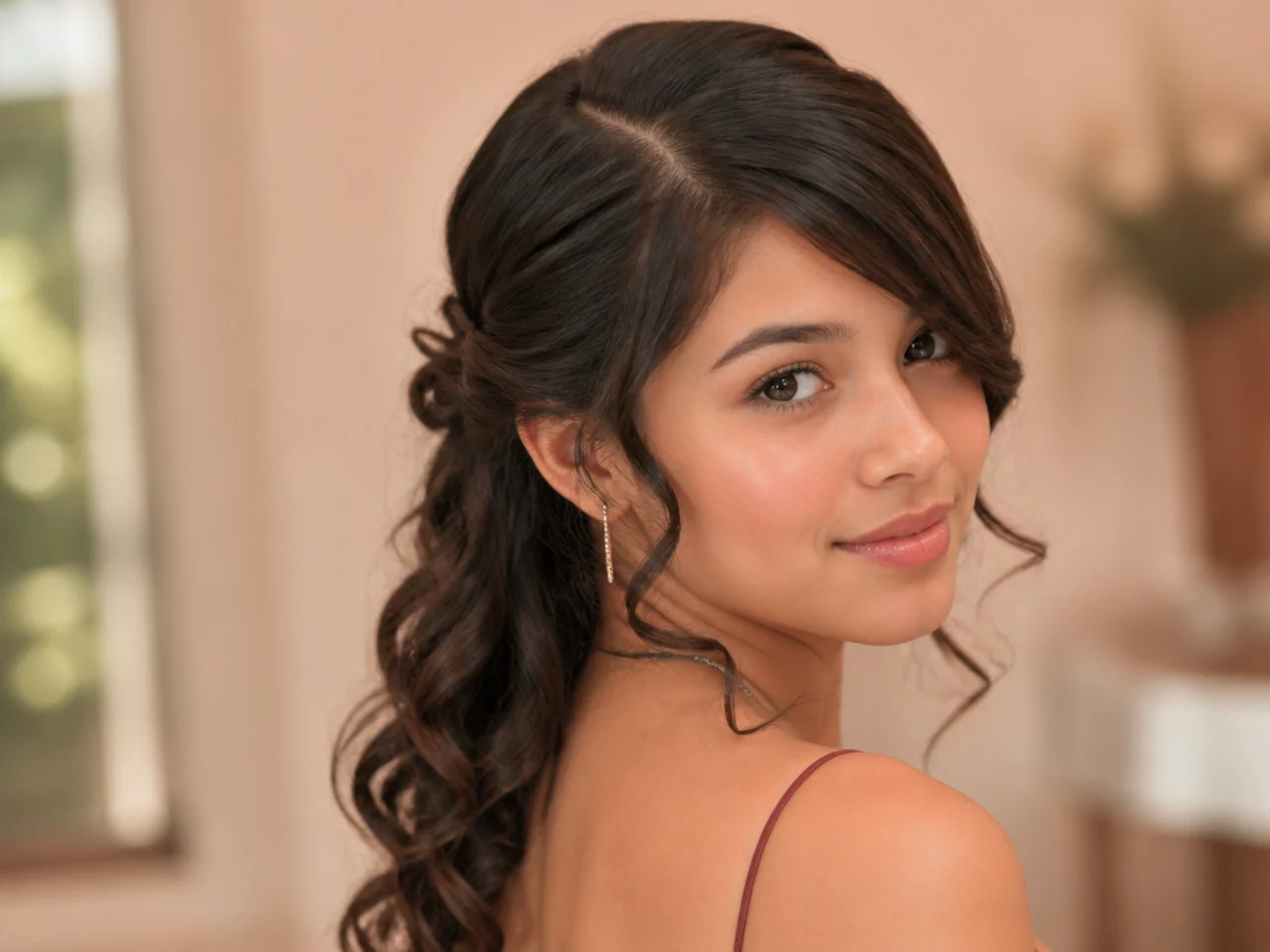 A half up style taken from a deep side parting with hair sweeping across the forehead