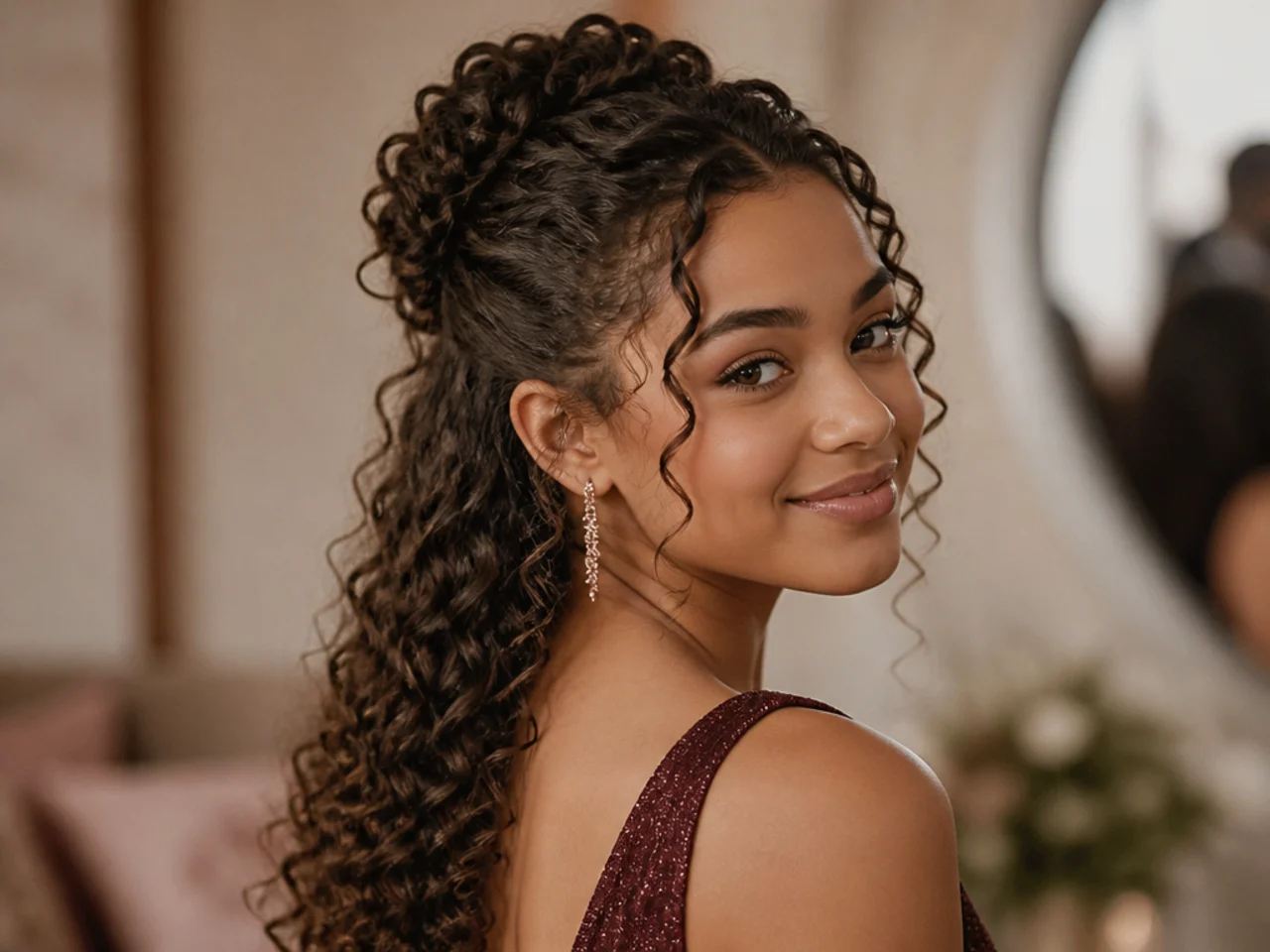 Defined curls gathered into a half up style with the rest falling loose