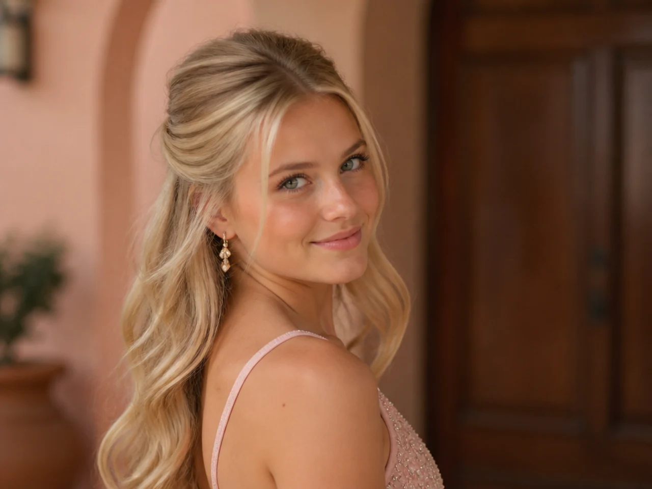 Fine blonde hair in a half up style with soft volume built at the crown