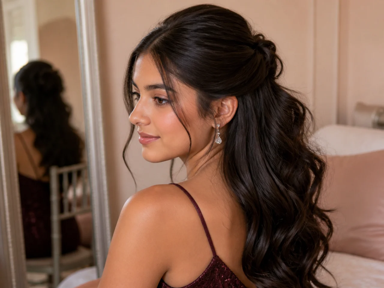 Very thick hair gathered into a secure half up style with visible volume