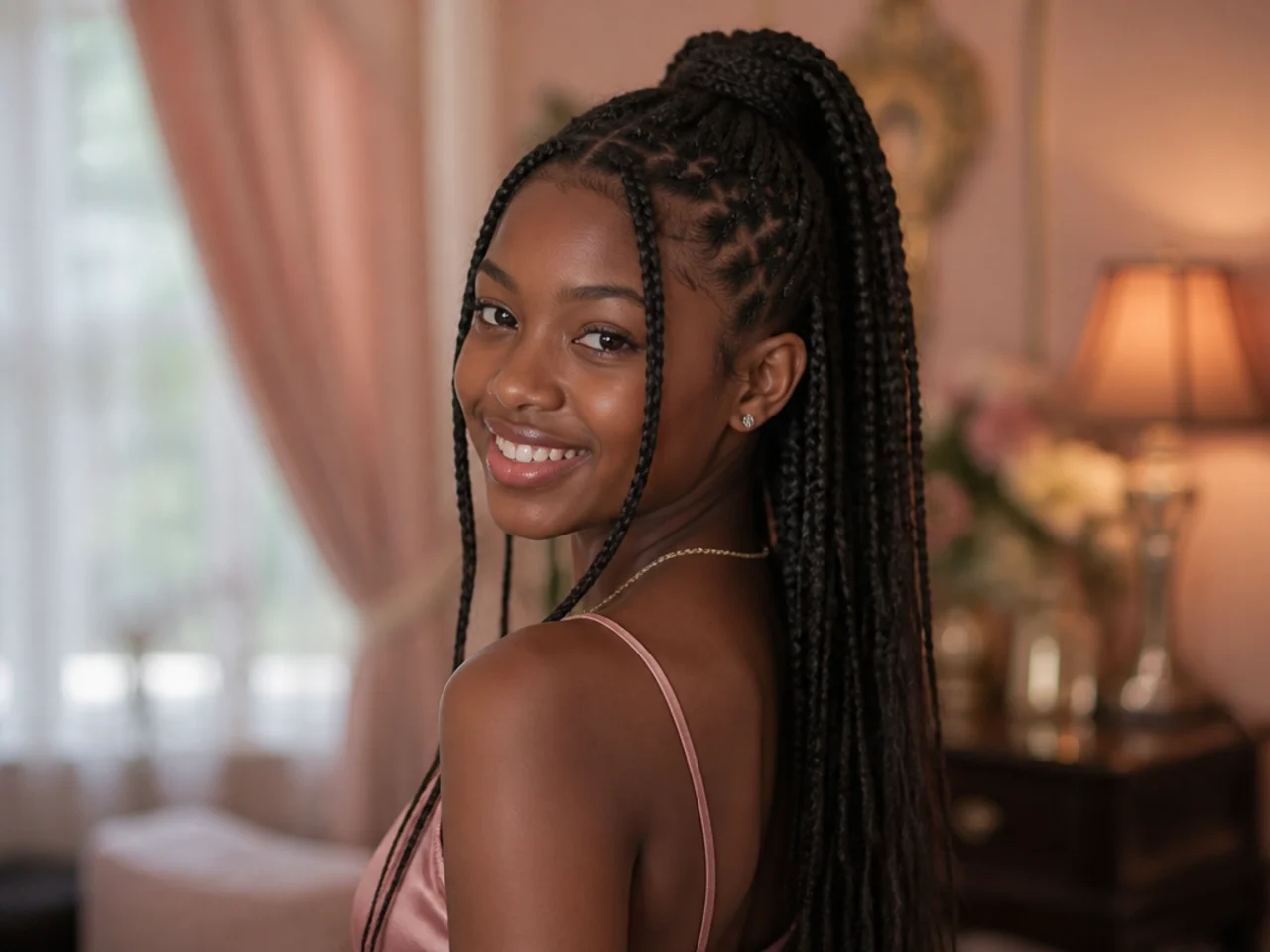 Long knotless braids with the front and crown sections gathered up and tied