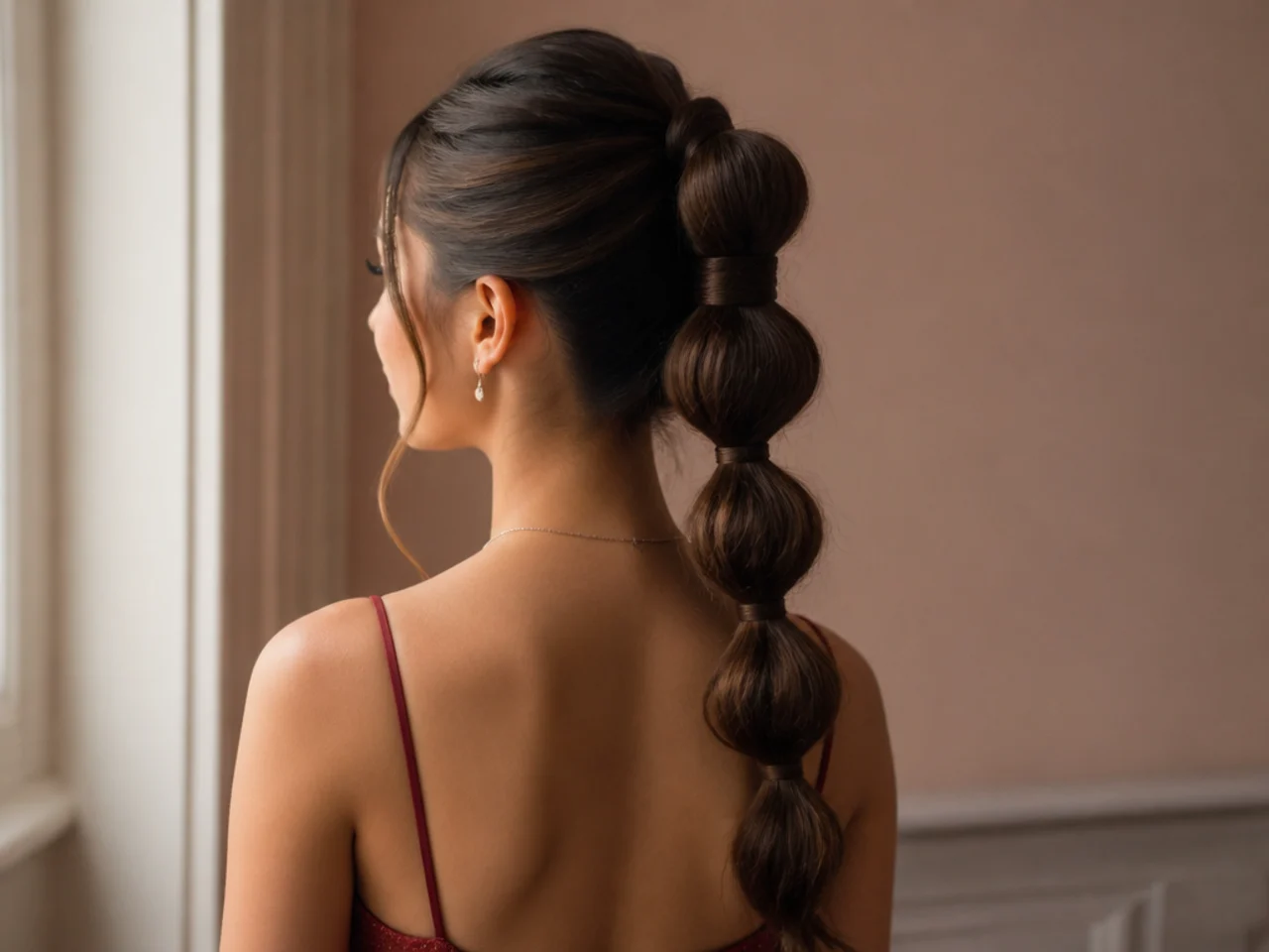 Half up ponytail divided into evenly spaced rounded bubbles down the back