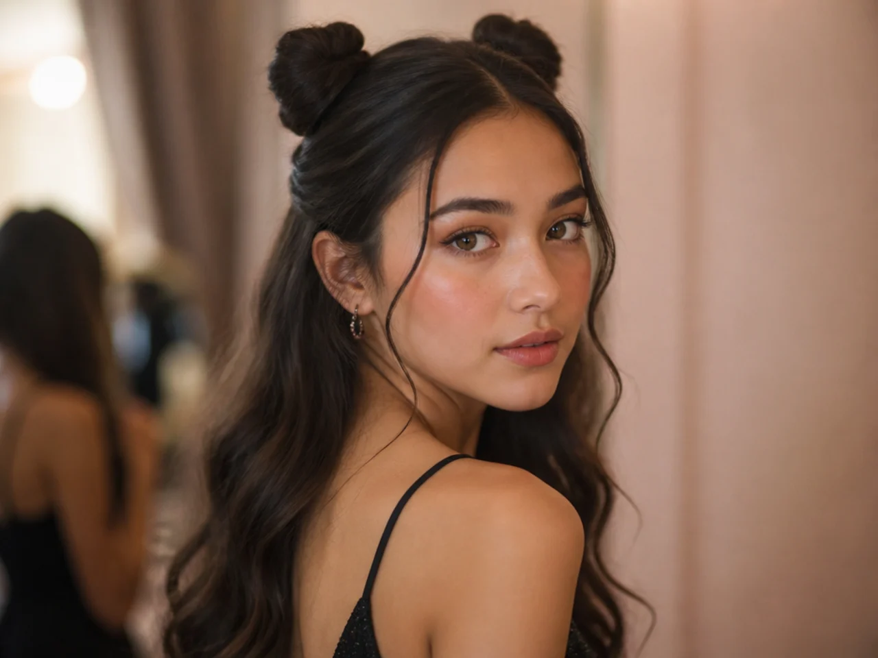 Two small buns placed symmetrically at the top of the head with long hair below