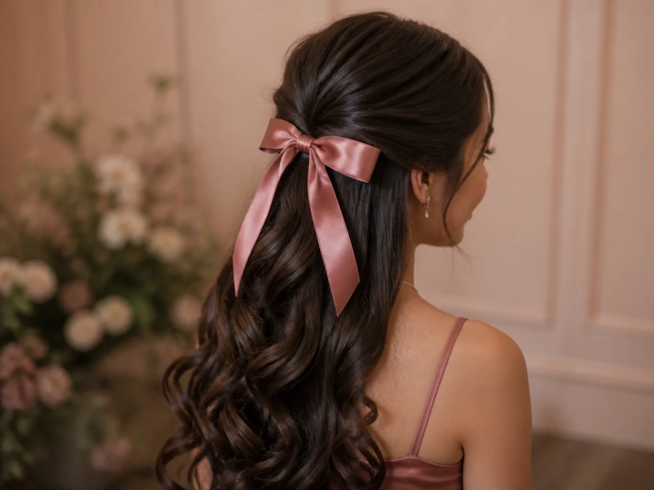 A satin ribbon tied over the join of a half up gather