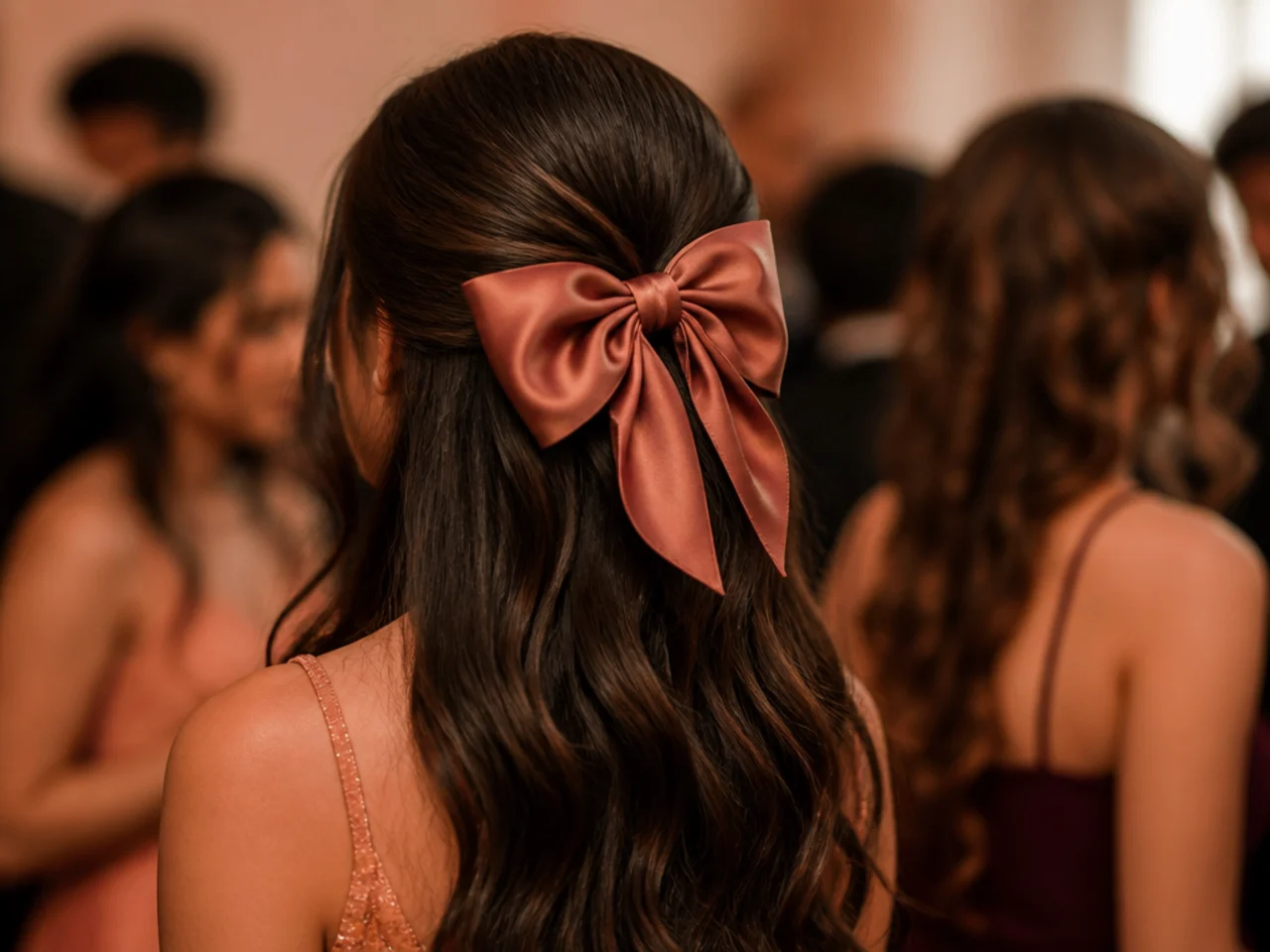 A large fabric bow fixed over a half up gather at the back of the head