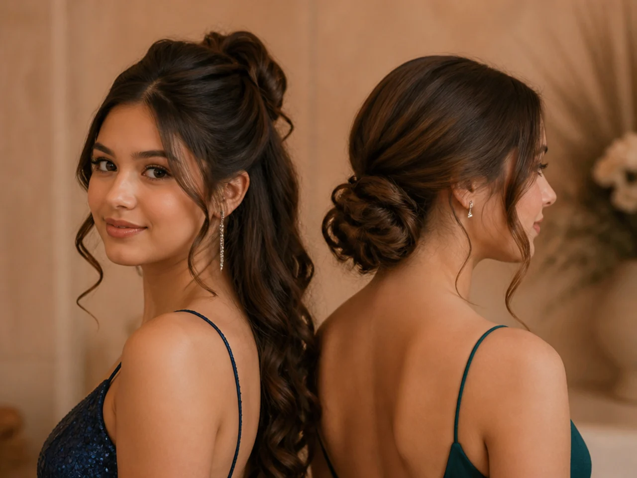 Two half up styles side by side, one gathered high at the crown and one low at the nape