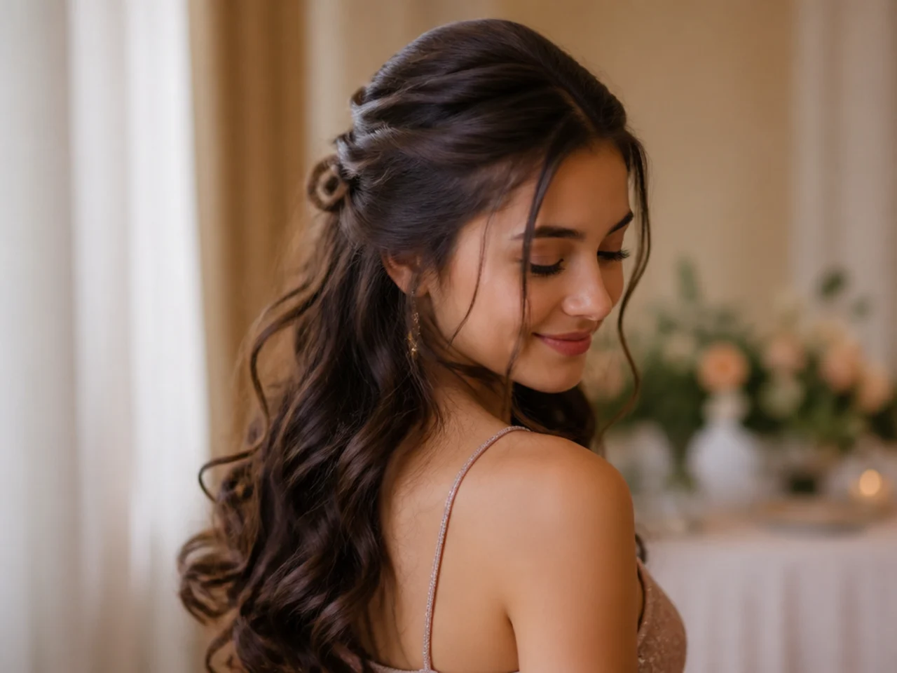 Three quarter view of a finished half up half down style with curled lengths