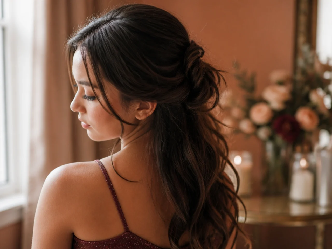 A half up style that has slipped down the back of the head with loose strands escaping