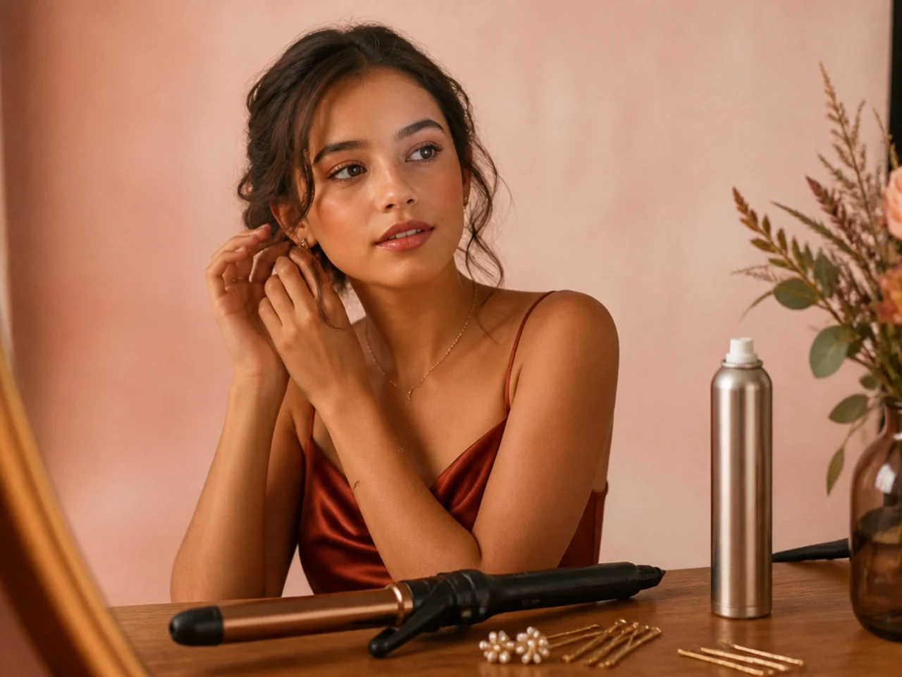 Hairpins and a texture spray laid out beside a curling iron