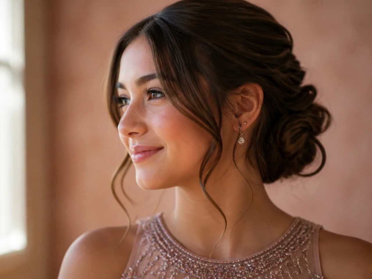 An updo on medium hair leaving a detailed beaded neckline fully visible