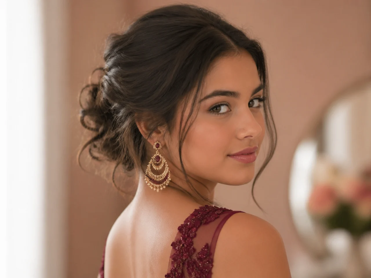 Statement earrings fully visible against the neck with medium hair pinned up