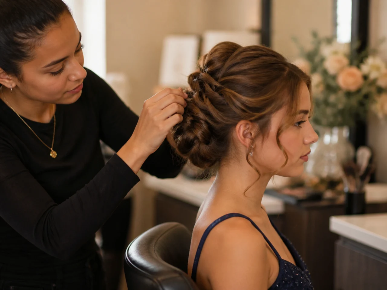 A stylist finishing a formal updo on medium length hair in a salon chair