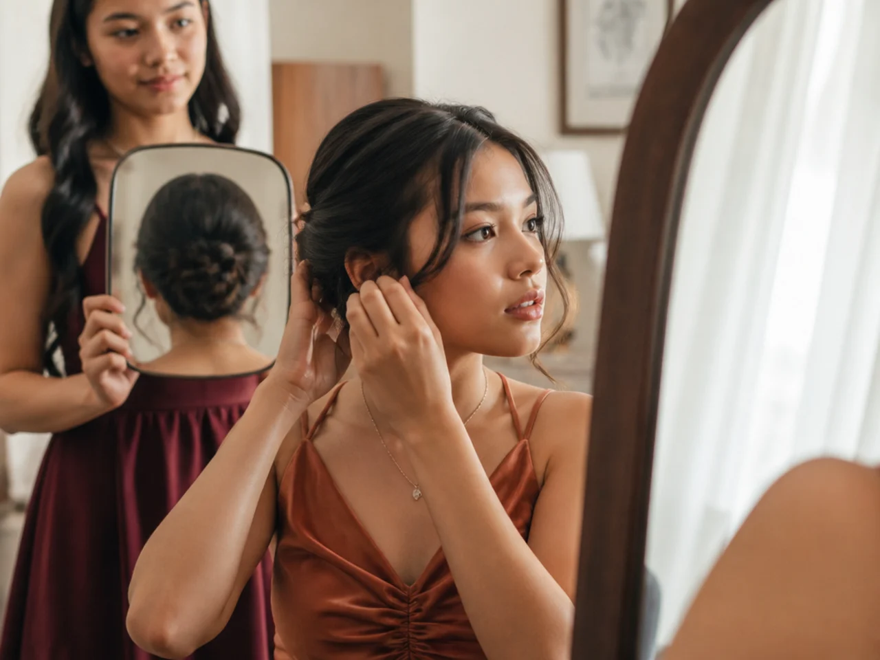 Medium length hair being styled at home in front of a mirror with a second mirror held behind