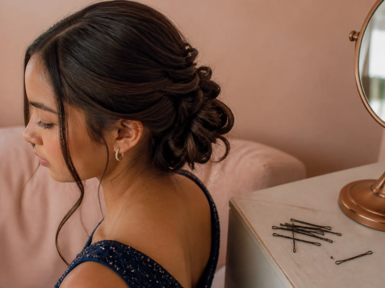 A handful of bobby pins beside a partly finished updo on medium hair