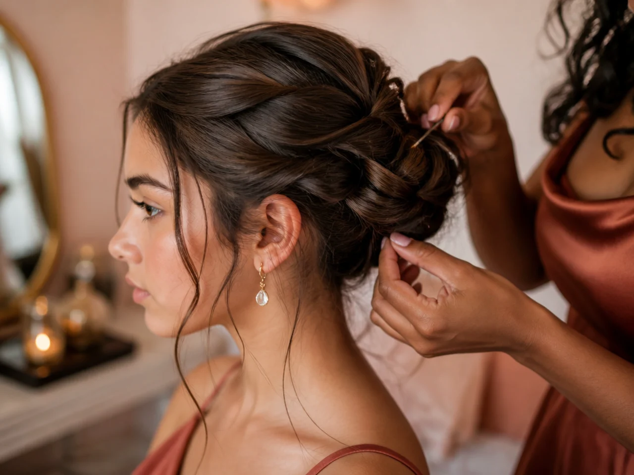 Day-two medium length hair being gathered into a secure textured updo