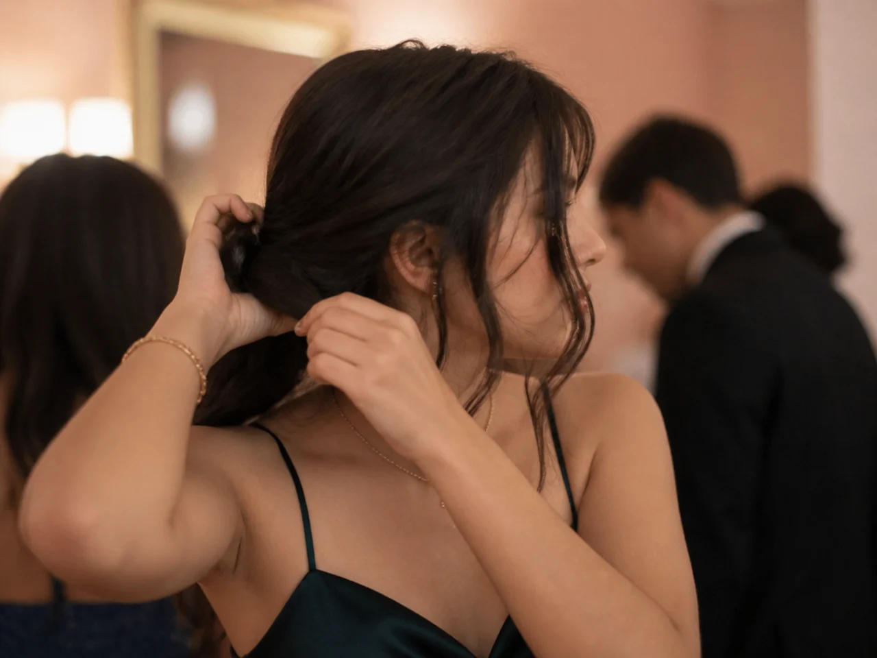 Medium hair worn down being gathered into a quick low bun partway through an evening