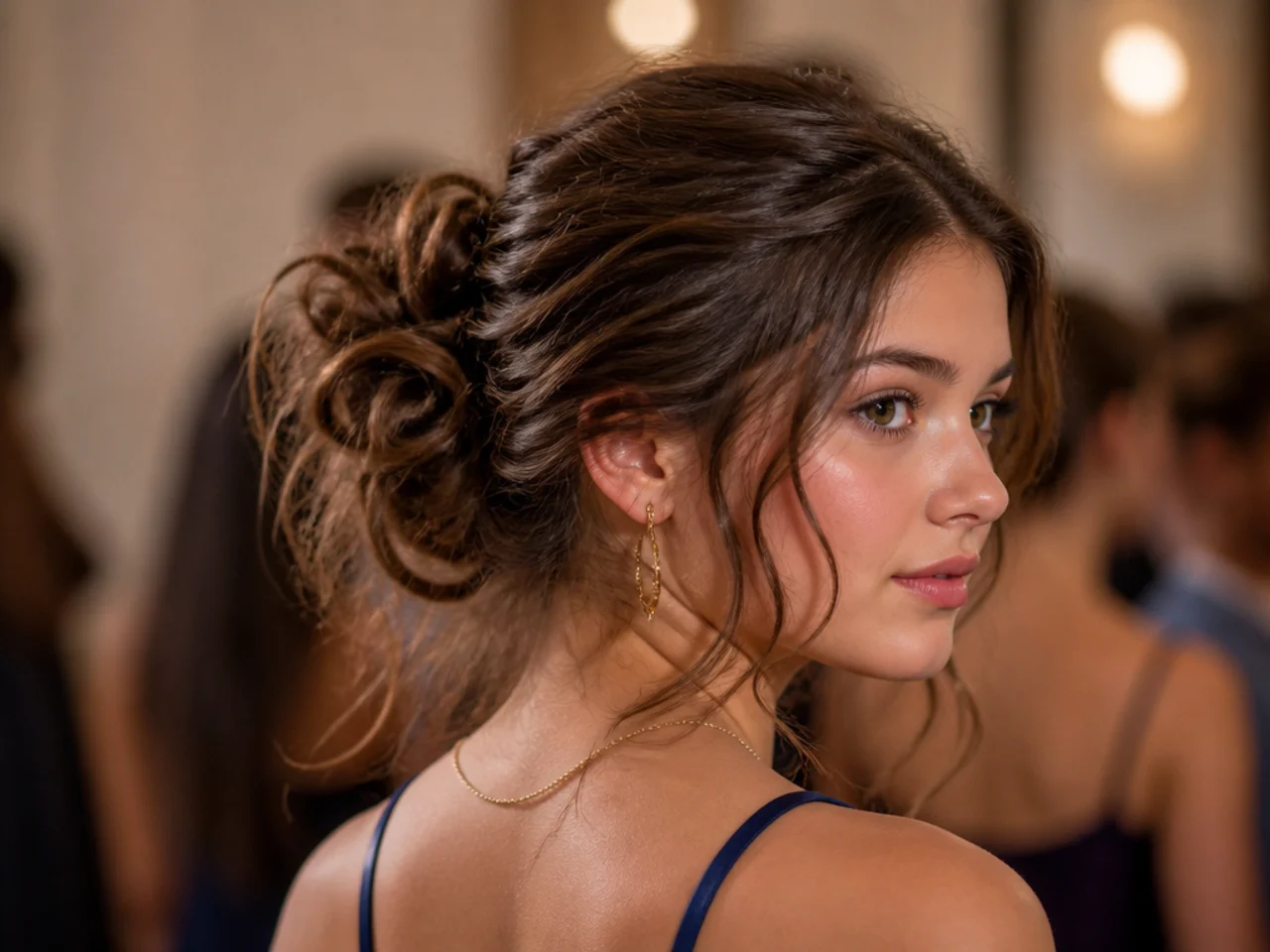 A short medium length updo with escaping ends showing at the edges of the shape