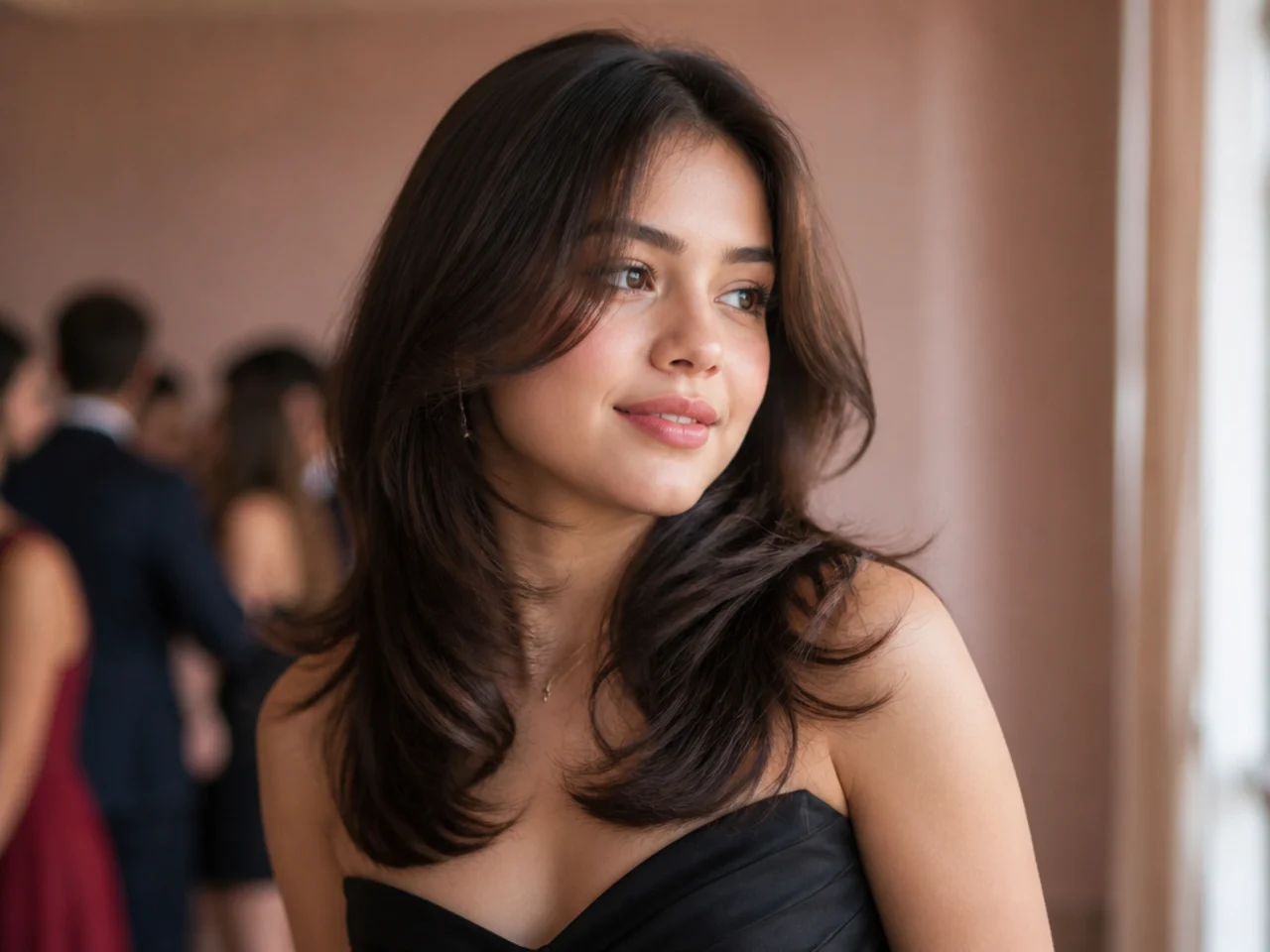 Layered medium length hair worn down with visible movement through the ends