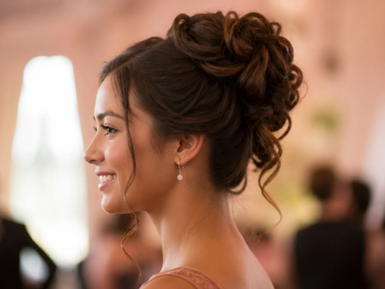 A high updo on medium hair exposing the full length of the neck from the side