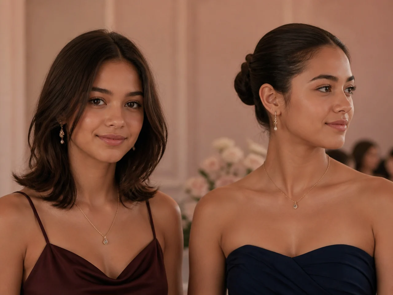Medium hair worn down framing the jawline compared with the same hair pulled fully back